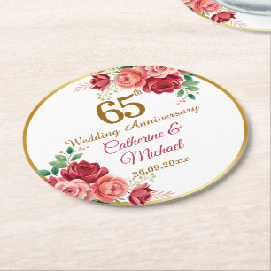 65th Wedding Anniversary Gold Frame Floral Round Paper Coaster