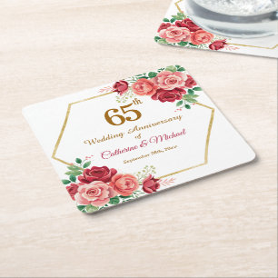 65th Wedding Anniversary Gold Frame Floral Square Paper Coaster