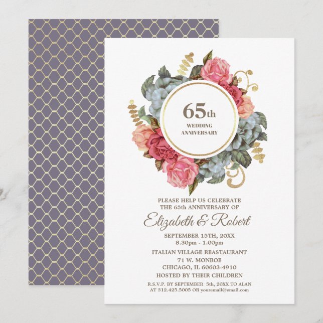 65th Wedding Anniversary Party Vintage Floral Invitation (Front/Back)