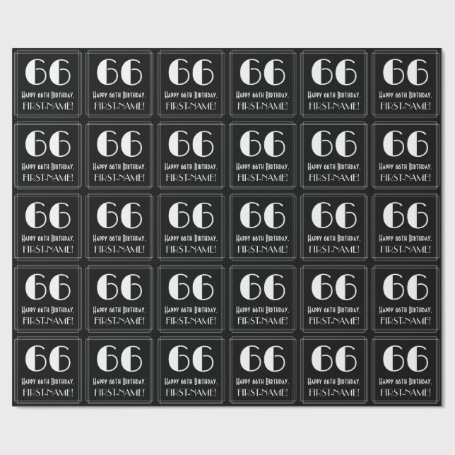66th Birthday - Art Deco Inspired Look "66", Name Wrapping Paper (Flat)