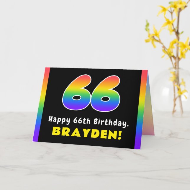 66th Birthday: Colorful Rainbow # 66, Custom Name Card (Yellow Flower)