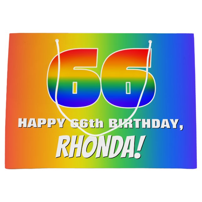 66th Birthday: Colourful, Fun Rainbow Pattern # 66 Large Gift Bag (Front)