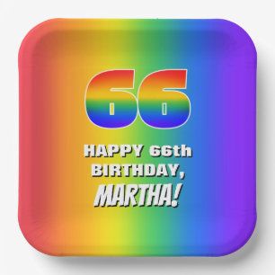 66th Birthday: Colourful, Fun Rainbow Pattern # 66 Paper Plate