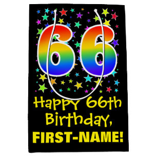 66th Birthday: Colourful Stars Pattern & Rainbow 6 Medium Gift Bag