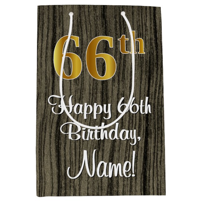 66th Birthday: Elegant Faux Gold Look #, Faux Wood Medium Gift Bag (Front)