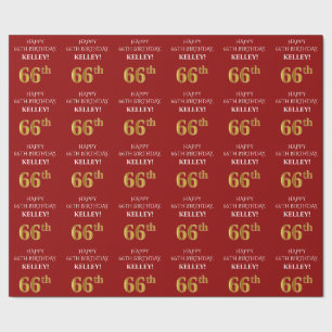 66th Birthday: Elegant, Red, Faux Gold Look Wrapping Paper