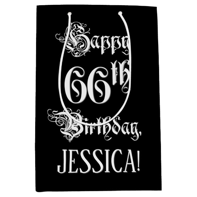 66th Birthday: Fancy, Elegant Script + Custom Name Medium Gift Bag (Front)