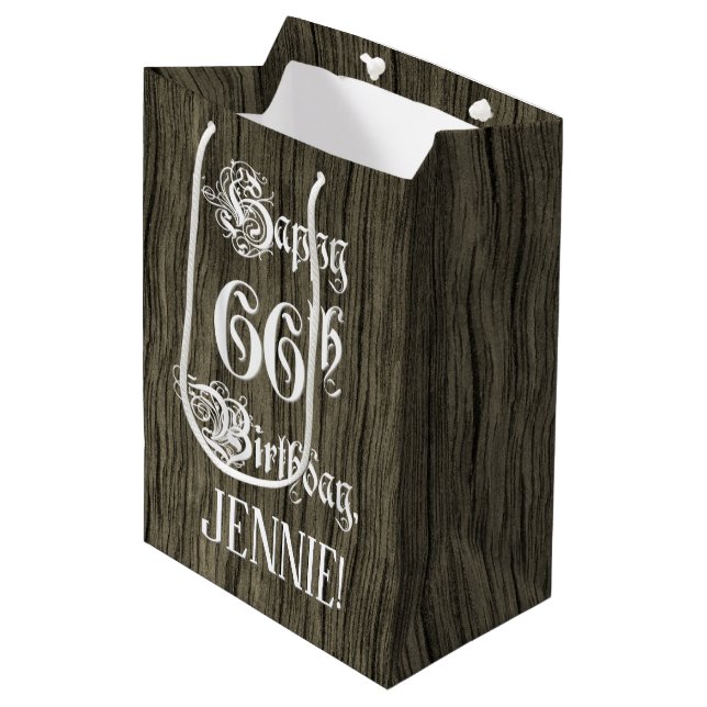 66th Birthday: Fancy, Faux Wood Look + Custom Name Medium Gift Bag (Front Angled)