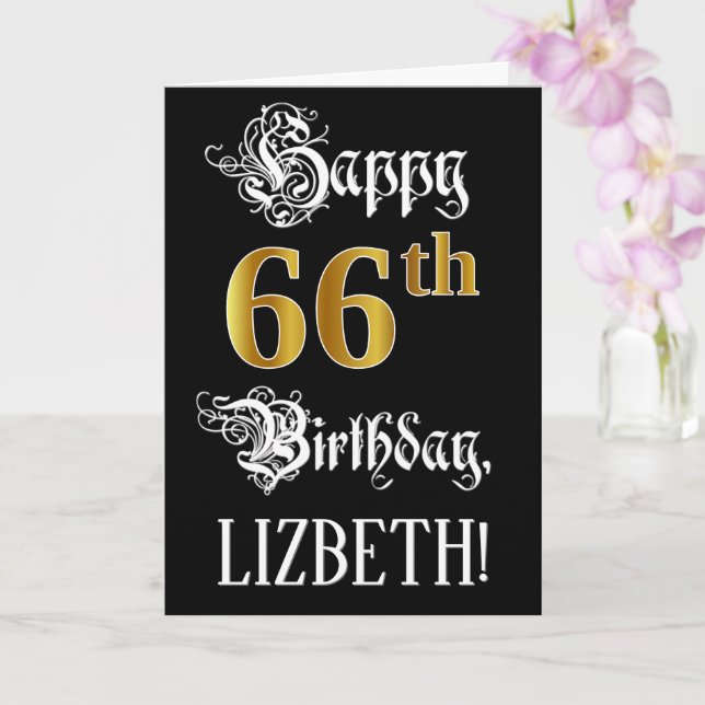 66th Birthday — Fancy Script; Faux Gold Look; Name Card (Orchid)