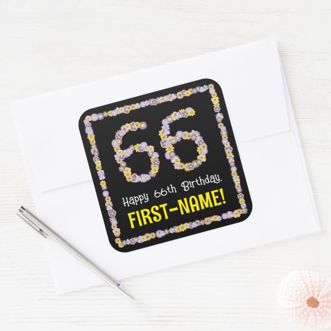66th Birthday: Floral Flowers Number, Custom Name Square Sticker (Envelope)