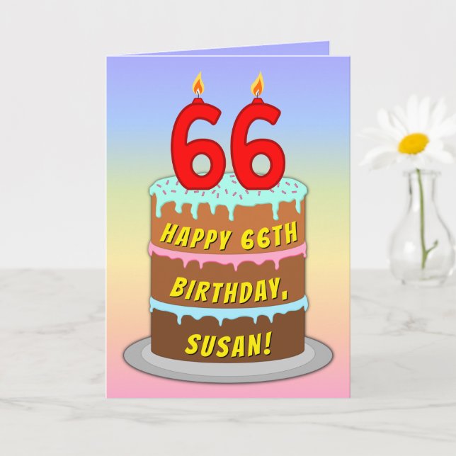66th Birthday — Fun Cake & Candles, w/ Custom Name Card (Small Plant)