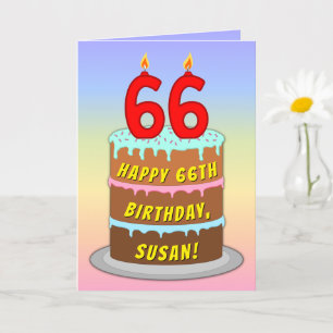 66th Birthday — Fun Cake & Candles, w/ Custom Name Card