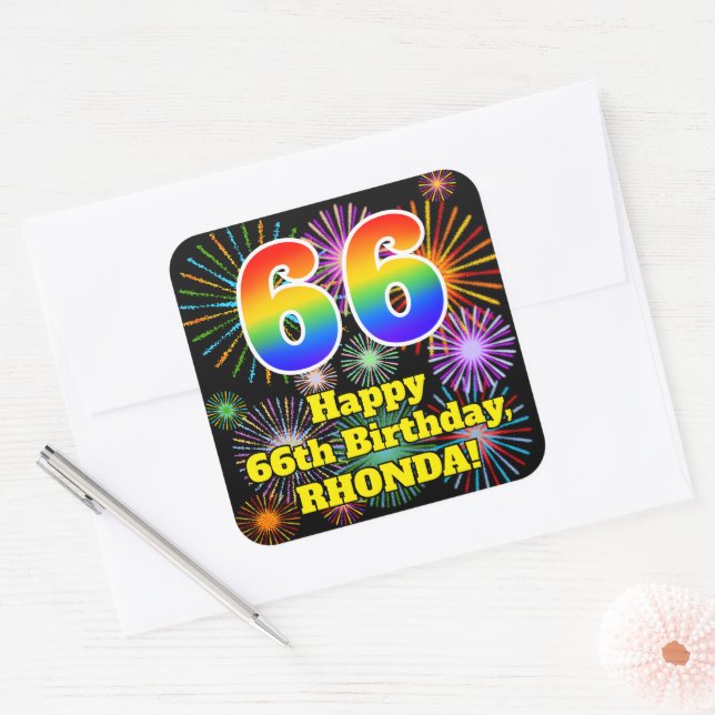 66th Birthday: Fun Fireworks Look, Rainbow # 66 Square Sticker (Envelope)