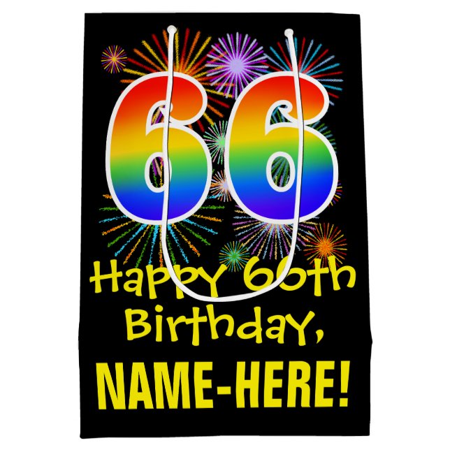 66th Birthday: Fun Fireworks Pattern + Rainbow 66 Medium Gift Bag (Back)
