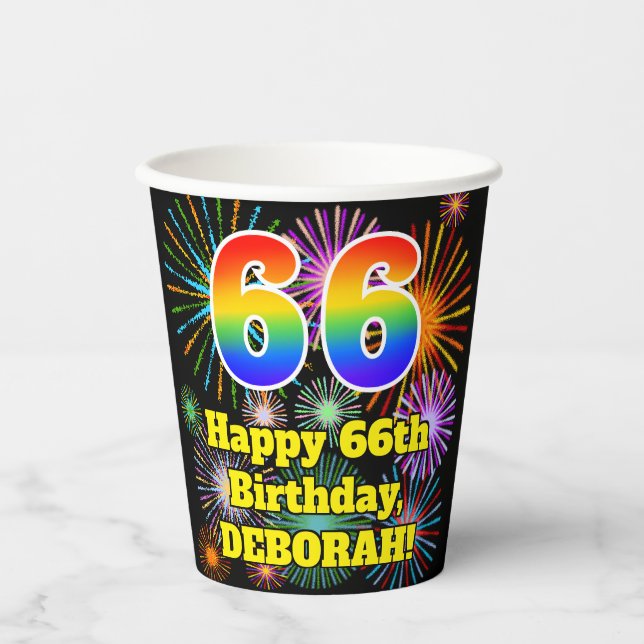 66th Birthday: Fun Fireworks Pattern + Rainbow 66 Paper Cups (Front)