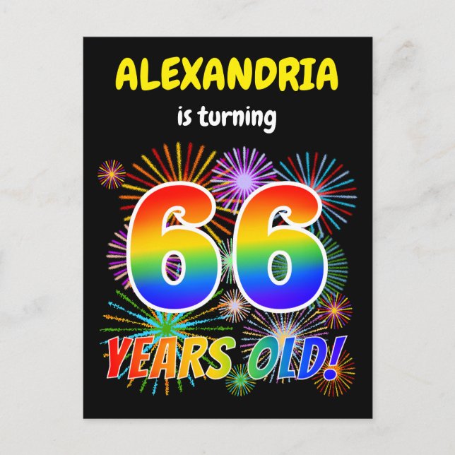 66th Birthday - Fun Fireworks, Rainbow Look "66" Postcard (Front)