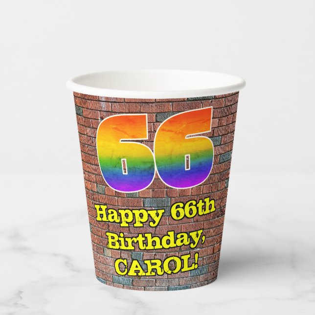 66th Birthday: Fun Graffiti-Inspired Rainbow 66 Paper Cups (Front)