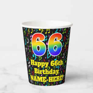 66th Birthday: Fun Music Notes Pattern, Rainbow 66 Paper Cups