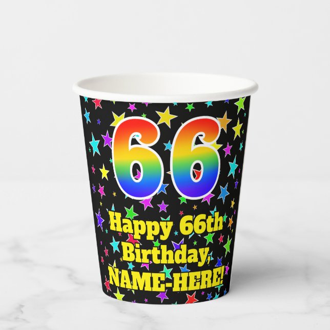 66th Birthday: Fun Stars Pattern and Rainbow 66 Paper Cups (Back)