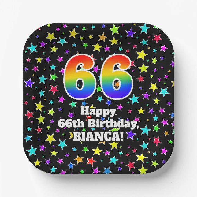 66th Birthday: Fun Stars Pattern and Rainbow “66” Paper Plate (Front)