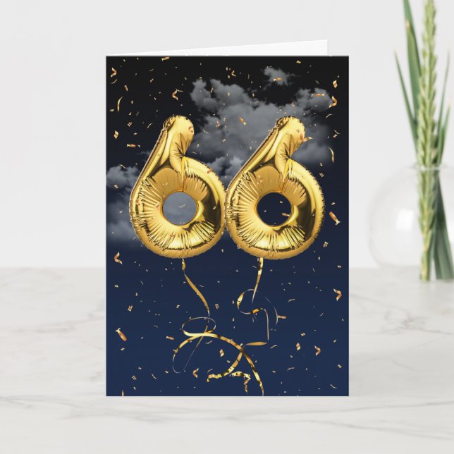 66th Birthday Gold Mylar Balloon and Confetti Card (Front)