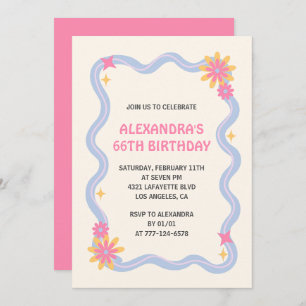66th birthday invitation Retro Groovy Pink Flowers