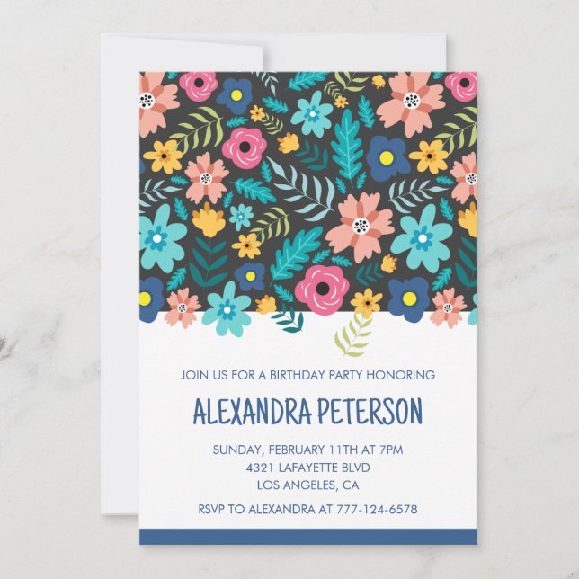 66th birthday invitations Floral Pattern Navy blue (Front)