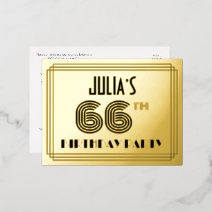 66th Birthday Party ~ Art Deco Style “66” + Name Foil Invitation Postcard