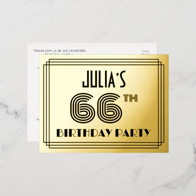 66th Birthday Party ~ Art Deco Style “66” + Name Foil Invitation Postcard (Front/Back)