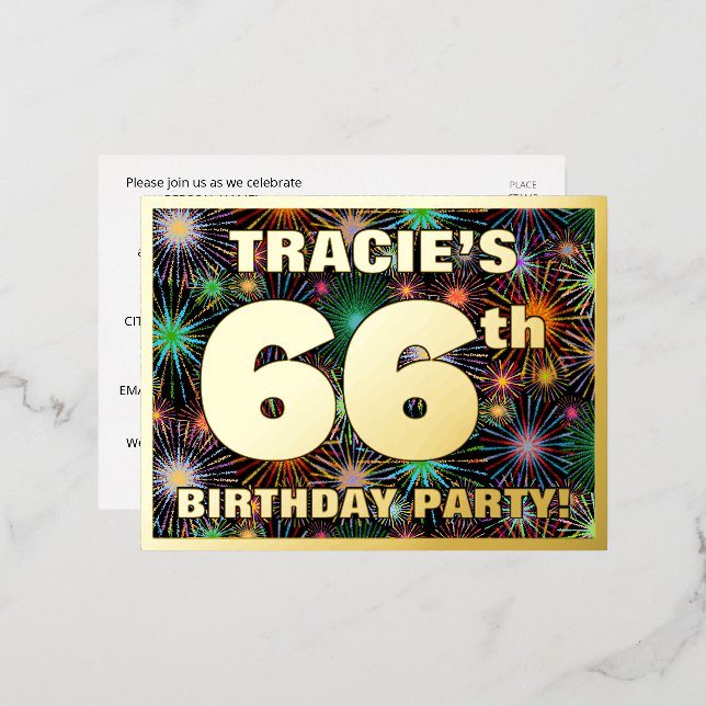 66th Birthday Party: Bold, Colourful Fireworks Loo Foil Invitation Postcard (Front/Back)