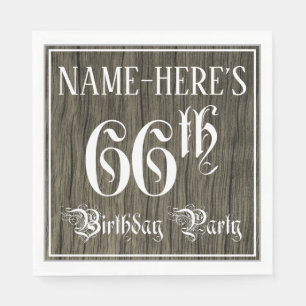 66th Birthday Party — Fancy Script, Faux Wood Look Napkin