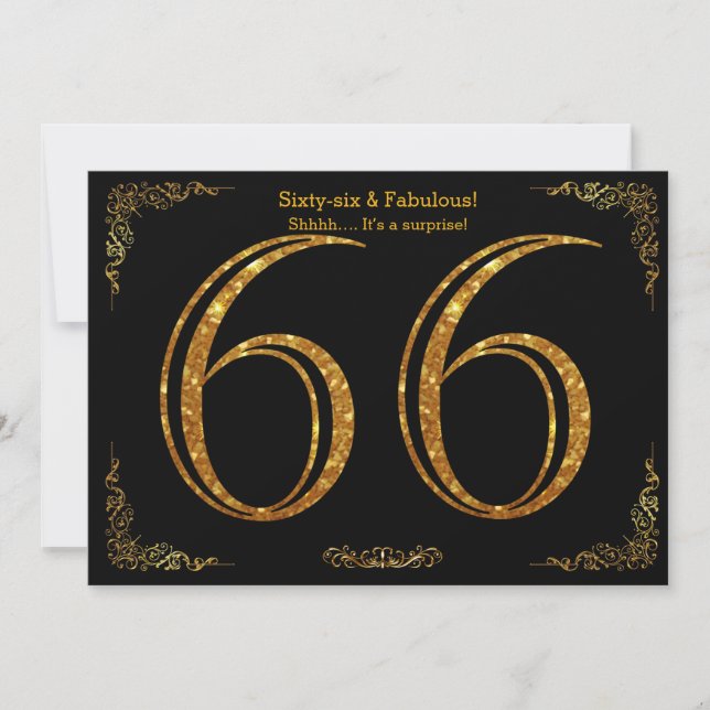 66th Birthday party,Gatsby styl,black gold glitter Invitation (Front)