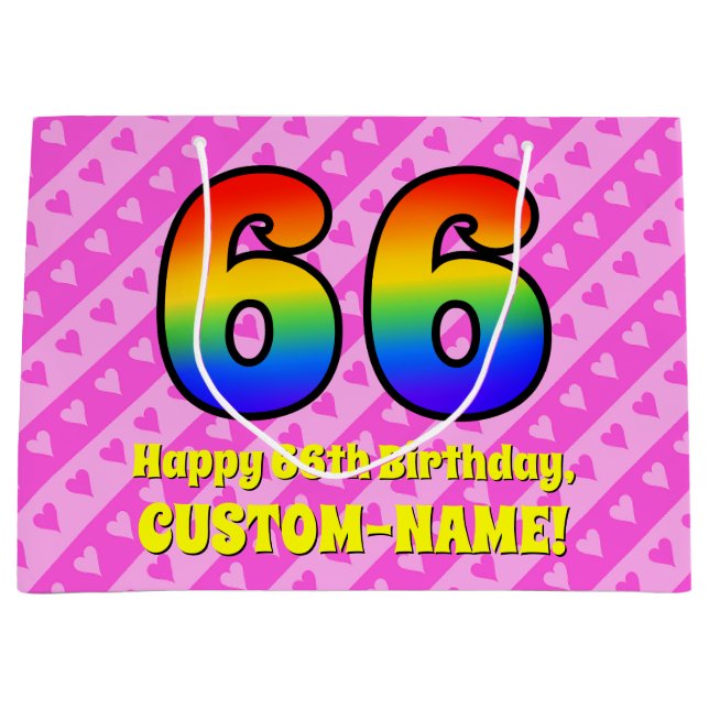 66th Birthday: Pink Stripes & Hearts, Rainbow # 66 Large Gift Bag (Front)