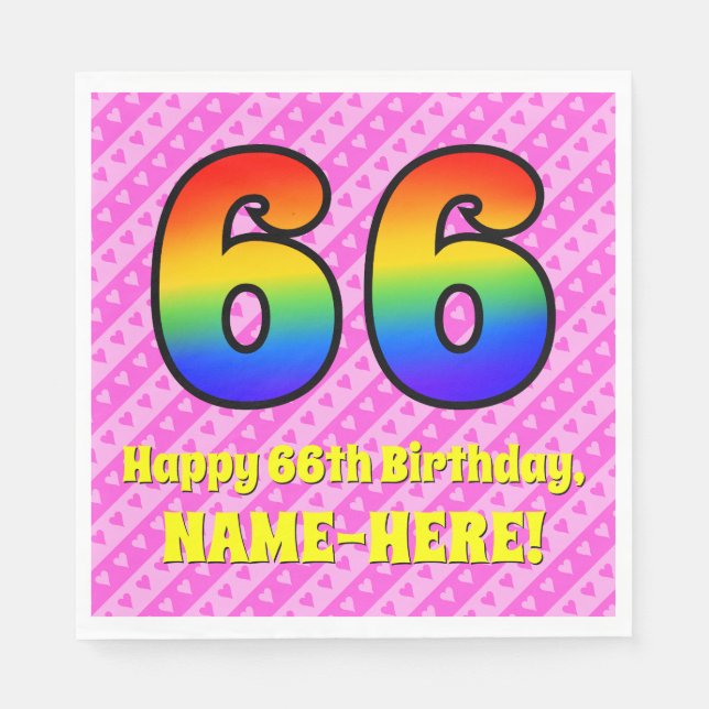 66th Birthday: Pink Stripes & Hearts, Rainbow # 66 Napkin (Front)