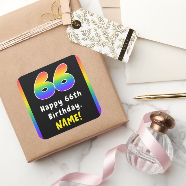 66th Birthday: Rainbow Spectrum # 66, Custom Name Square Sticker (Gifting)