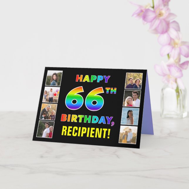 66th Birthday: Rainbow Text, Custom Photos & Name Card (Orchid)