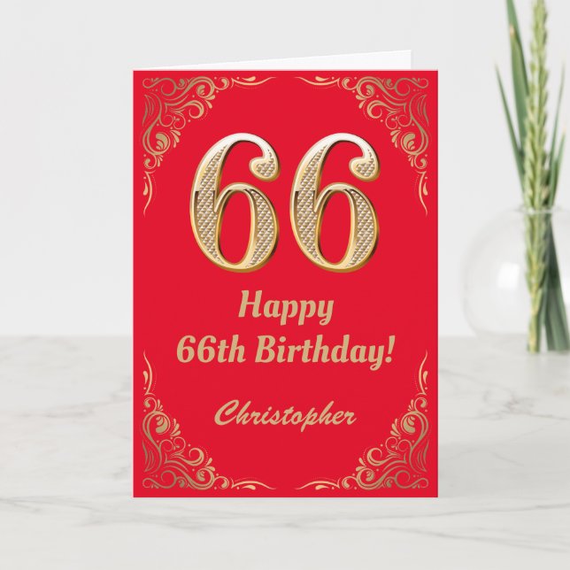 66th Birthday Red and Gold Glitter Frame Card (Front)