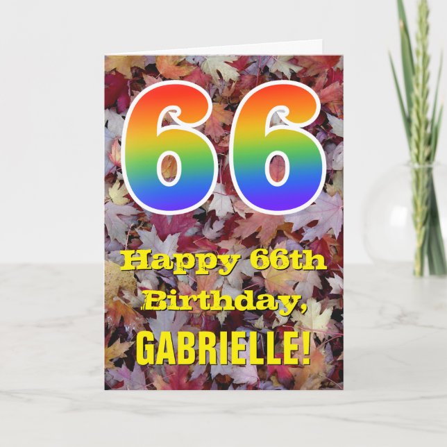 66th Birthday; Rustic Autumn Leaves; Rainbow "66" Card (Front)