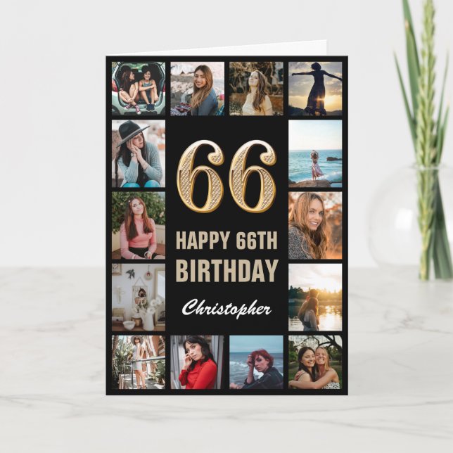 66th Happy Birthday Black and Gold Photo Collage Card (Front)