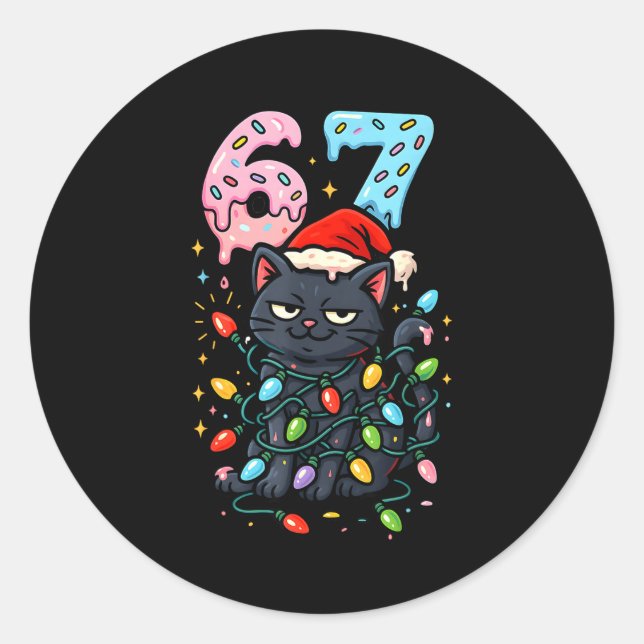 67 Black Cat Christmas Ice Cream Drip Santa Hat Si Classic Round Sticker (Front)