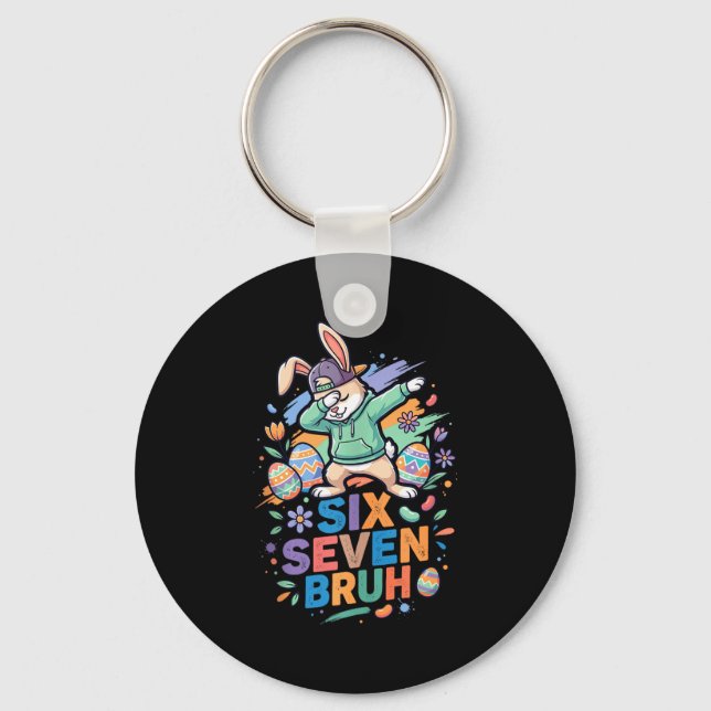 67 Bruh Bunny Six Seven Meme Funny Easter Day Dabb Keychain (Front)