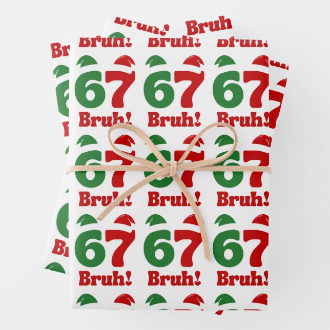 67 Bruh Funny Christmas Red and Green Santa Hat  Wrapping Paper Sheet (In situ)