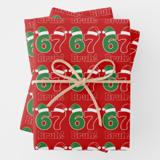 67 Bruh Funny Christmas Red and Green Santa Hat Wrapping Paper Sheet