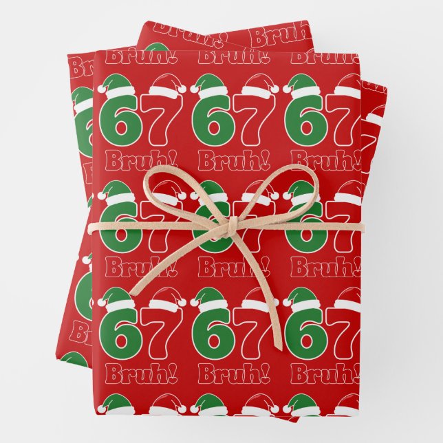 67 Bruh Funny Christmas Red and Green Santa Hat  Wrapping Paper Sheet (In situ)