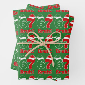67 Bruh Funny Christmas Red and Green Santa Hat Wrapping Paper Sheet