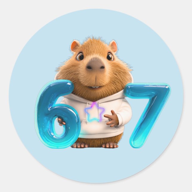 67 Capy – Cute Capybara Round Sticker Light Blue (Front)