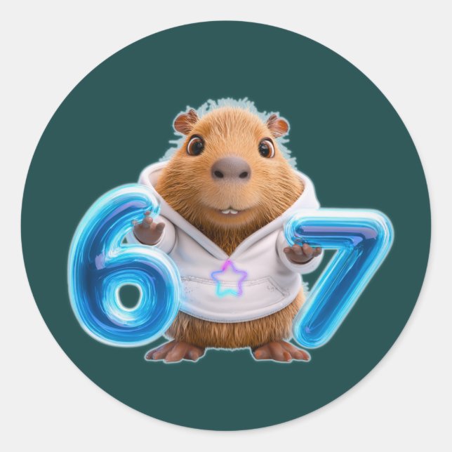 67 Capybara Round Sticker – Blue Glow | Deep Teal (Front)