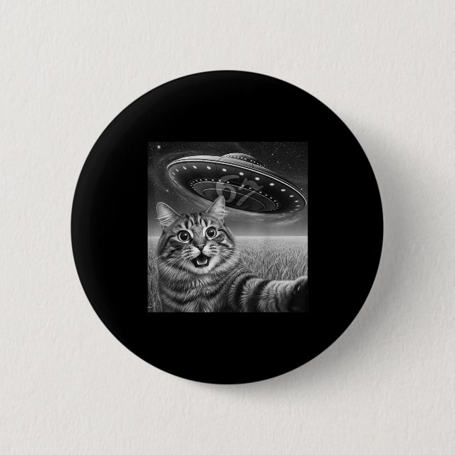 67 Cat Selfie With Alien Ufos Funny Cat Six Seven  2 Inch Round Button (Front)