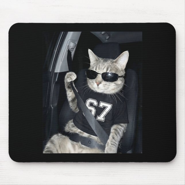 67 Cat Wearing Sungles Gen Alpha Funny Six Seven 6 Mouse Pad (Front)