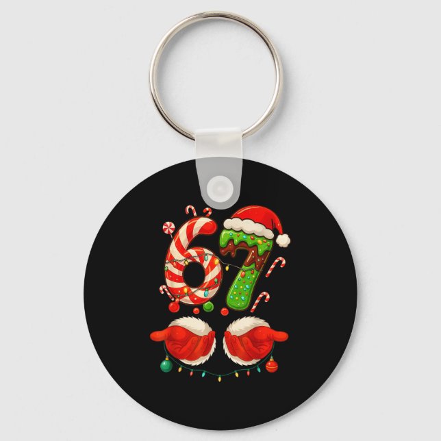 67 Christmas 6 7 Six Seven Meme 67 Candy Cane Xmas Keychain (Front)